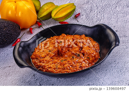 Indian butter chicken masala, a spicy traditional curry served in a bowl on a textured background. Indian butter chicken masala, a spicy traditional curry served in a bowl on a textured background. 139608497