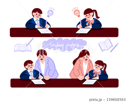 個別指導塾で勉強する生徒と教える講師のイラストセット 個別指導塾で勉強する生徒と教える講師のイラストセット 139608563