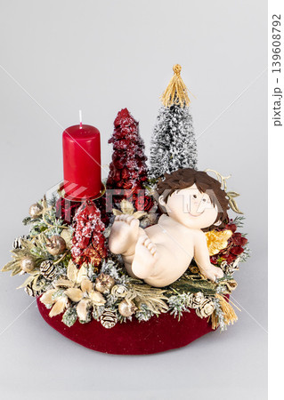 Christmas tree table handmade arrangement mini decoration for new year artificial on white background isolated Christmas tree table handmade arrangement mini decoration for new year artificial on white background isolated 139608792
