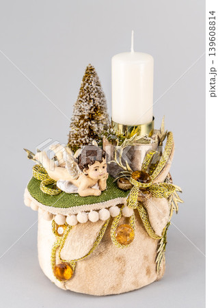 Christmas tree table handmade arrangement mini decoration for new year artificial on white background isolated 139608814