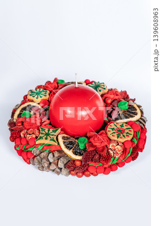Christmas wreath candle candle gingerbread tree white snow isolated 139608963