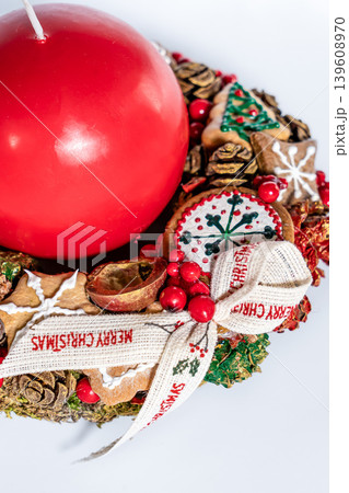 Christmas wreath candle candle gingerbread tree white snow isolated Christmas wreath candle candle gingerbread tree white snow isolated 139608970