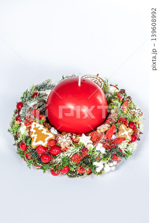 Christmas wreath candle candle gingerbread tree white snow isolated 139608992