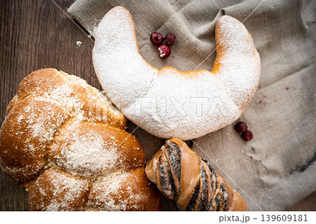 Fresh pastries buns wicker basket rustic style bakery Fresh pastries buns wicker basket rustic style bakery 139609181
