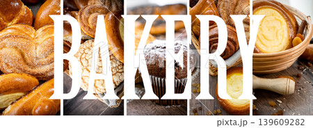Fresh pastries buns wicker basket rustic style bakery collage 139609282