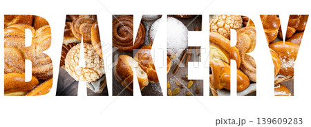 Fresh pastries buns wicker basket rustic style bakery collage 139609283