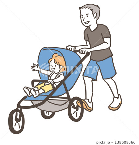 ベビーカーに子どもを乗せてウォーキングをする若い男性　やさしい色のシンプルなイラスト 139609366