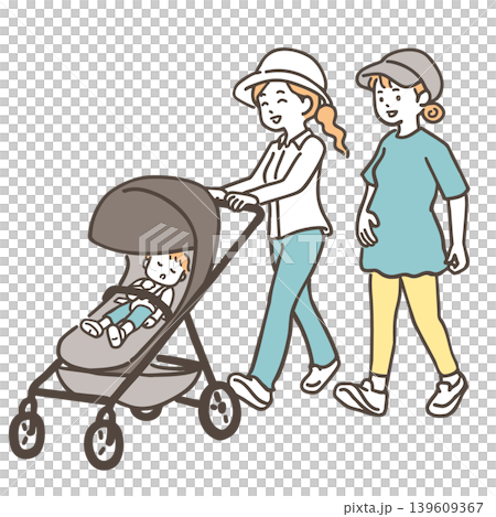Young women walking: stroller walking and maternity walking; simple illustrations in soft colors. 139609367