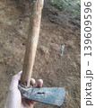A firm grip on a vintage Indonesian Pethel, a traditional Javanese wood shaping tool, showing rusty texture 139609596