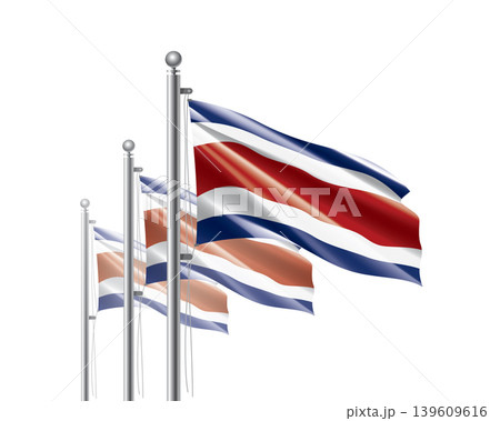 Brightly shining Costa Rica flags wave proudly on tall masts during official celebration events Brightly shining Costa Rica flags wave proudly on tall masts during official celebration events 139609616