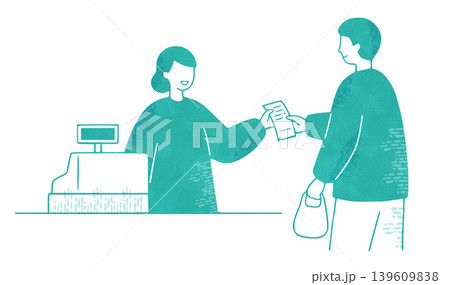 レジで接客する店員と買い物客。コンビニアルバイトの水彩イラスト レジで接客する店員と買い物客。コンビニアルバイトの水彩イラスト 139609838