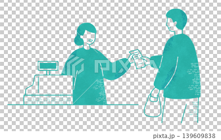 レジで接客する店員と買い物客。コンビニアルバイトの水彩イラスト レジで接客する店員と買い物客。コンビニアルバイトの水彩イラスト 139609838