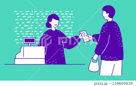 レジで接客する店員と買い物客。コンビニアルバイトのゆるポップイラスト レジで接客する店員と買い物客。コンビニアルバイトのゆるポップイラスト 139609839
