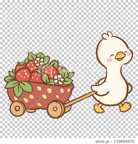 Cute kawaii duck pulling a strawberry wagon cart filled with berries flowers and leaves adorable summer fruit clipart for planners and stickers 139609870