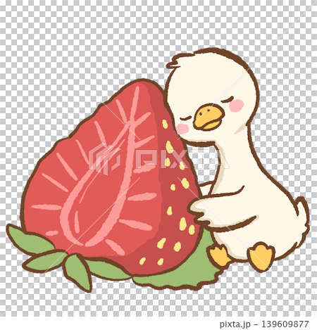 Cute kawaii duck cuddling a sliced strawberry sweet fruit themed summer clipart illustration perfect for stickers planners and scrapbooking Cute kawaii duck cuddling a sliced strawberry sweet fruit themed summer clipart illustration perfect for stickers planners and scrapbooking 139609877