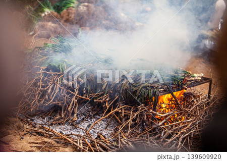 A traditional Catalan dish called calcots, a long spring onions, on barbecue during calcotada festivities in Tarragona province, Spain. 139609920