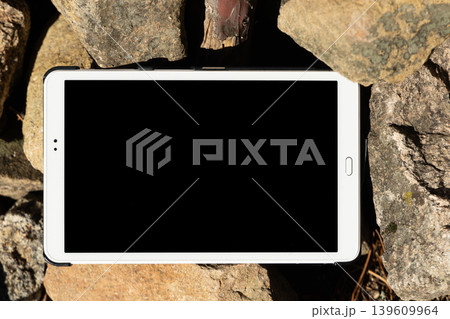 Tablet with blank screen in rural countryside environment	 139609964