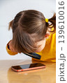 A little girl examines a mobile phone with a magnifying glass, introducing concepts such as early exposure to mobile phones or internet safety. 139610016