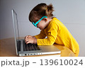 A small child typing and looking at a screen very close up, with the potential risks to eye health that come with exposure to electronic devices. 139610024