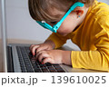 A toddler typing and looking very closed at a screen, with the potential risks to eye health that exposure to electronic devices entails. 139610025