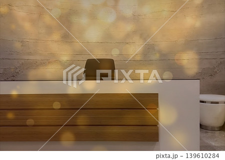 Luxury Modern Reception Desk with Wood Slats. Minimalist white reception area with wood accents and concrete wall. Elegant lobby interior with golden bokeh light. 139610284