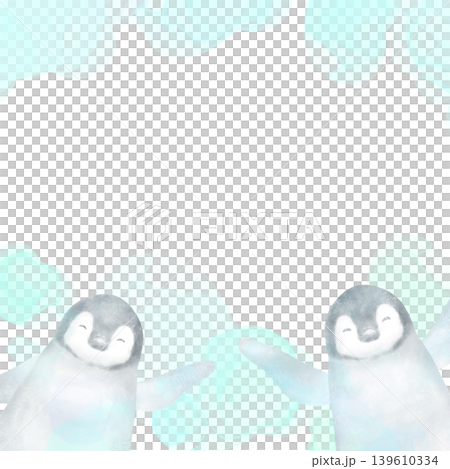 A frame featuring two adorable penguin chicks waving. A blue watercolor-style design symbolizing dreams and growth. 139610334