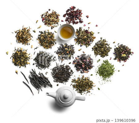 Large assortment of tea on a white background. The view from the top 139610396