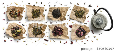 Large assortment of tea on a white background. The view from the top Large assortment of tea on a white background. The view from the top 139610397