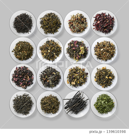 Large assortment of tea on a gray background. The view from the top Large assortment of tea on a gray background. The view from the top 139610398