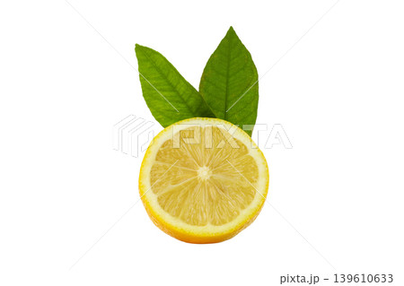 Fresh lemon cut in half with green leaves next to it, PNG 139610633