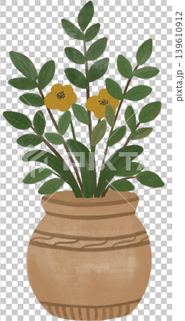 Ornamental plant illustration featuring green foliage and small yellow flowers in a rustic ceramic pot. 139610912
