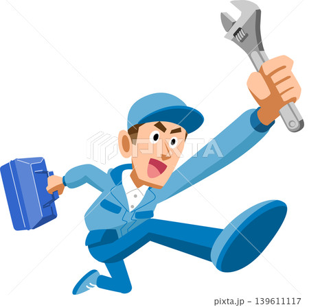 スパナと工具ボックスを持ってジャンプする青い作業着を着た男性 139611117