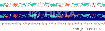 Sea life seamless horizontal border with whales, dolphins, octopuses and turtles, flat vector illustration set on white and blue backgrounds for marine branding and nautical nursery design 139611185