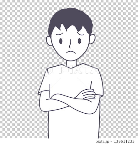 Illustration of a man with worries or anxieties, arms crossed, looking troubled, upper body only, simple character image, transparent PNG background. Illustration of a man with worries or anxieties, arms crossed, looking troubled, upper body only, simple character image, transparent PNG background. 139611233