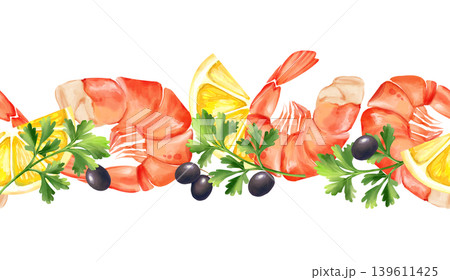 Elegant hand drawn seamless horizontal border with cooked orange shrimp, lemon slices, olives, and fresh parsley. Botanical seafood frame for restaurant menu design or kitchen decor. Isolated on white Elegant hand drawn seamless horizontal border with cooked orange shrimp, lemon slices, olives, and fresh parsley. Botanical seafood frame for restaurant menu design or kitchen decor. Isolated on white 139611425