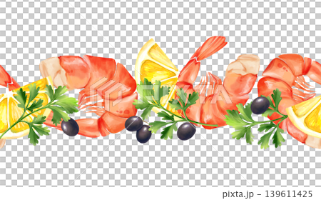 Elegant hand drawn seamless horizontal border with cooked orange shrimp, lemon slices, olives, and fresh parsley. Botanical seafood frame for restaurant menu design or kitchen decor. Isolated on white Elegant hand drawn seamless horizontal border with cooked orange shrimp, lemon slices, olives, and fresh parsley. Botanical seafood frame for restaurant menu design or kitchen decor. Isolated on white 139611425