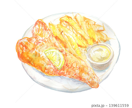 お皿に盛りつけたフィッシュアンドチップスの水彩イラスト 139611559