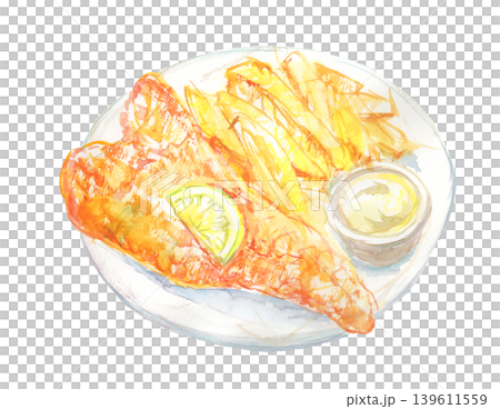 お皿に盛りつけたフィッシュアンドチップスの水彩イラスト 139611559
