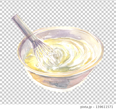 水彩畫插圖,描繪了一個碗、一個打蛋器和打發的奶油 水彩畫插圖,描繪了一個碗、一個打蛋器和打發的奶油 139611571