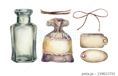 Apothecary glass bottle, burlap bag and paper tags watercolor set. Vintage jar, fabric sachet, jute twine rope and empty labels for herbal tea packaging, craft medicine branding, remedy design Apothecary glass bottle, burlap bag and paper tags watercolor set. Vintage jar, fabric sachet, jute twine rope and empty labels for herbal tea packaging, craft medicine branding, remedy design 139611731