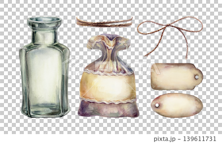 Apothecary glass bottle, burlap bag and paper tags watercolor set. Vintage jar, fabric sachet, jute twine rope and empty labels for herbal tea packaging, craft medicine branding, remedy design Apothecary glass bottle, burlap bag and paper tags watercolor set. Vintage jar, fabric sachet, jute twine rope and empty labels for herbal tea packaging, craft medicine branding, remedy design 139611731