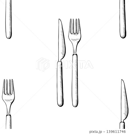 Cutlery seamless pattern in minimalist black and white vector line art. Repeating knife and fork background for restaurant textile, cafe menu design, catering service wrap and hospitality graphics Cutlery seamless pattern in minimalist black and white vector line art. Repeating knife and fork background for restaurant textile, cafe menu design, catering service wrap and hospitality graphics 139611746