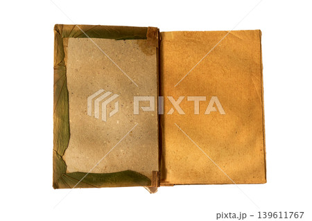 Old book revealed. Historic bound volume featuring exposed inner pages and textile bound hinges on neutral background Old book revealed. Historic bound volume featuring exposed inner pages and textile bound hinges on neutral background 139611767