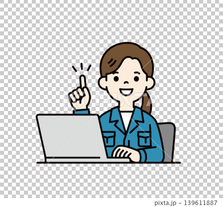 A vector illustration of the upper body of a female office worker in work clothes explaining and demonstrating points in front of a computer. 139611887
