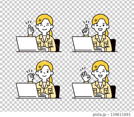 A set of vector illustrations of a female employee using a laptop, with a positive expression and pose. A set of vector illustrations of a female employee using a laptop, with a positive expression and pose. 139611891