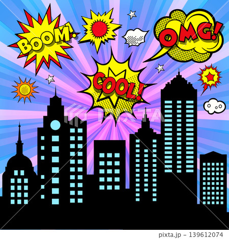 City skyline with comic expressions celebrating urban excitement City skyline with comic expressions celebrating urban excitement 139612074