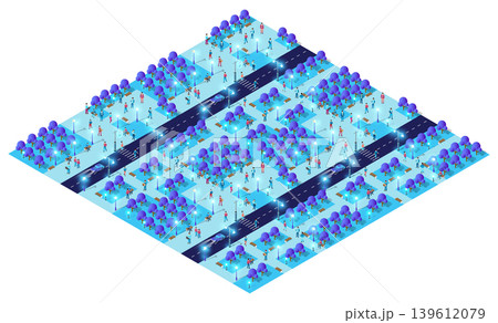 Smart city park with people walking and relaxing at night, isometric view 139612079