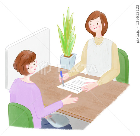 女性同士が向かい合わせで打ち合わせまたは相談しているイラスト 139612122