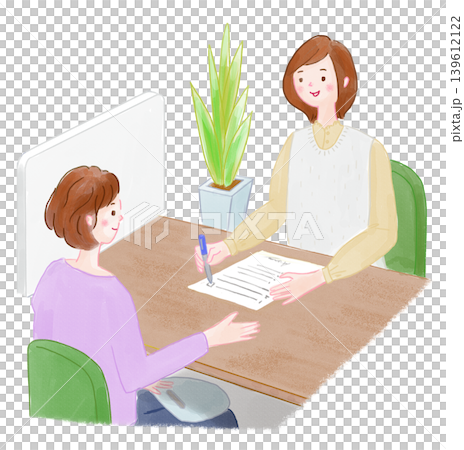 女性同士が向かい合わせで打ち合わせまたは相談しているイラスト 139612122