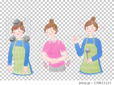 An illustration of a woman suffering from menstrual cramps, fatigue, abdominal pain, irritability, and other PMS symptoms. 139612123